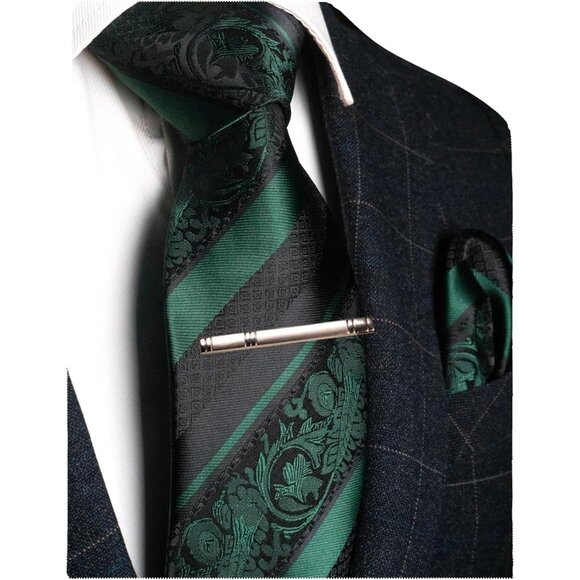 Men's Floral Necktie and Pocket Square Tie Clip Sets for Men Dark Green - Picture 1 of 5